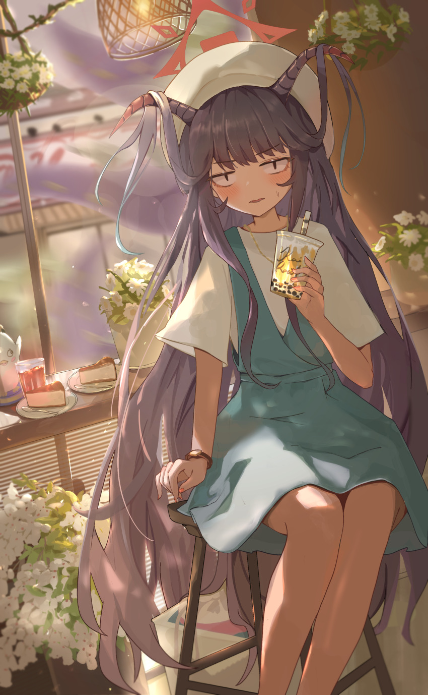 1girl absurdres black_hair blue_archive blush cup demon_girl demon_horns disposable_cup drink fuuka_(blue_archive) fuuka_(casual)_(blue_archive) green_skirt green_vest hair_between_eyes hat highres holding holding_cup holding_drink horns long_hair looking_at_viewer nekoplanetouo official_alternate_costume on_stool open_mouth shirt sidelocks sitting skirt sweatdrop vest white_hat white_shirt |_|