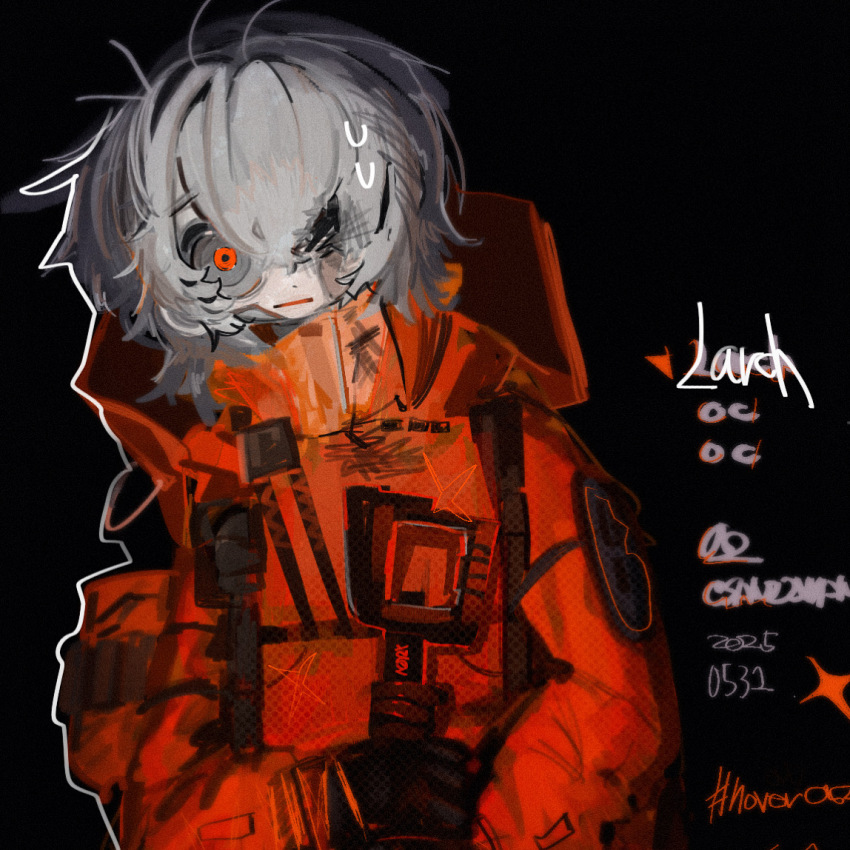 052_(saniiiwan) 1girl black_background closed_mouth jacket looking_at_viewer original red_eyes red_jacket short_hair simple_background solo upper_body white_hair