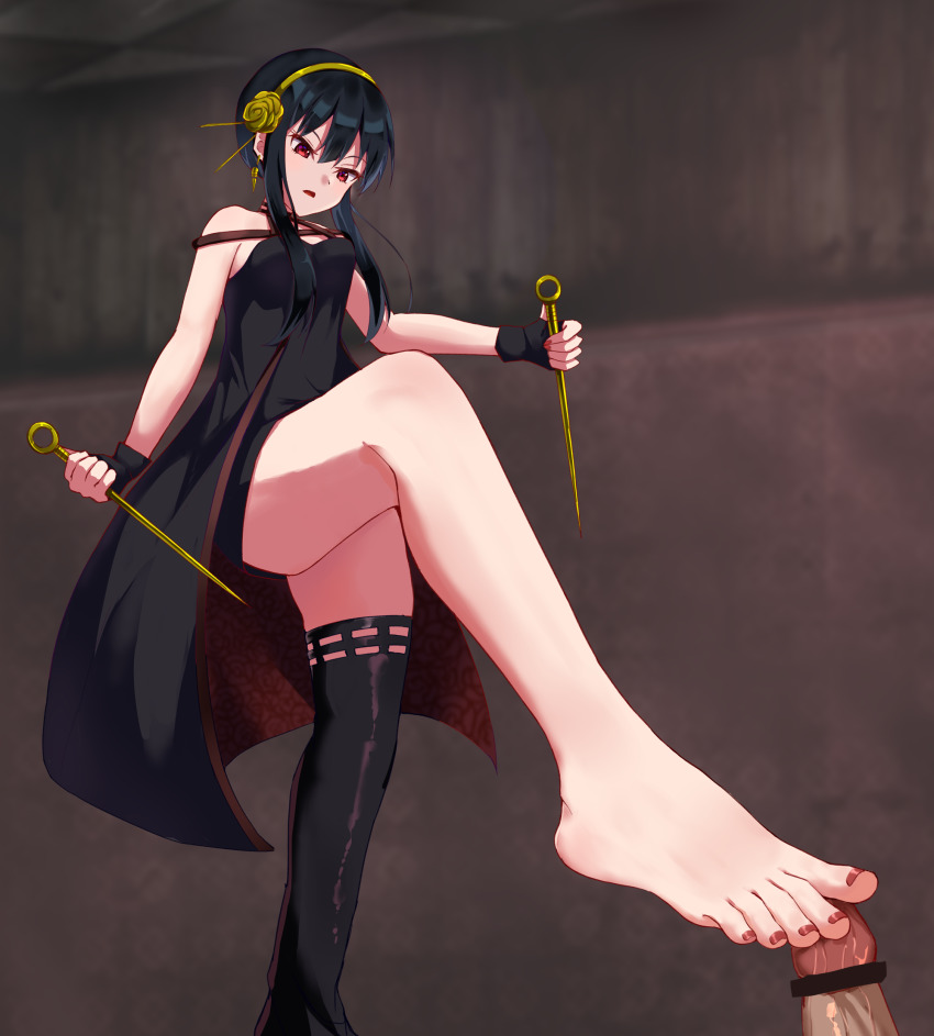 1boy 1girl barefoot black_dress black_hair censored dres dress feet femdom foot_focus footjob from_below highres iberiko_(soinesitai) long_hair nail_polish penis red_eyes spy_x_family thighhighs toenail_polish toenails toes yor_briar