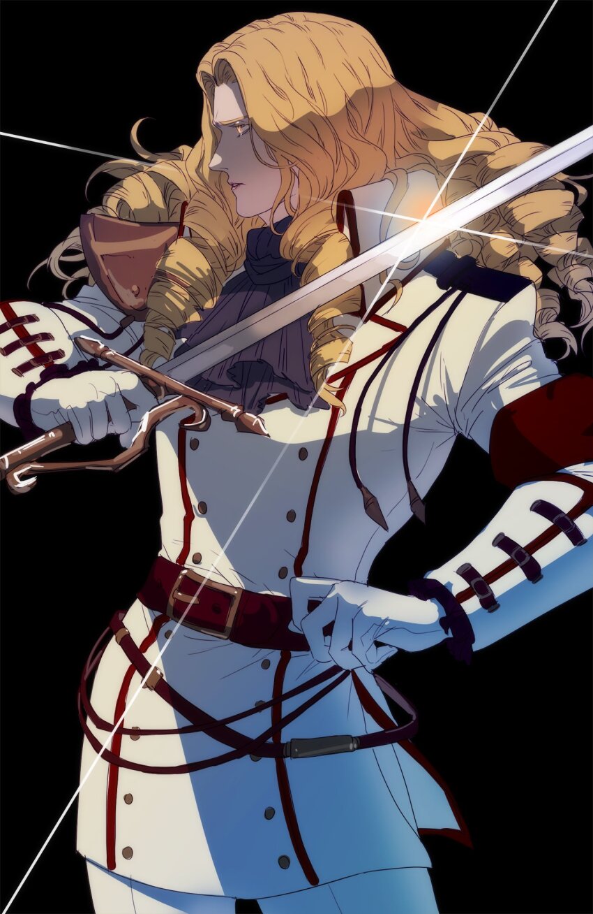 1boy androgynous animamundi_owarinaki_yami_no_butou ascot belt black_background blonde_hair coat collared_coat gamugamupon glint gloves highres holding holding_sword holding_weapon long_hair male_focus mikhail_ramphet parted_lips purple_ascot red_belt ringlets sword weapon white_coat white_gloves