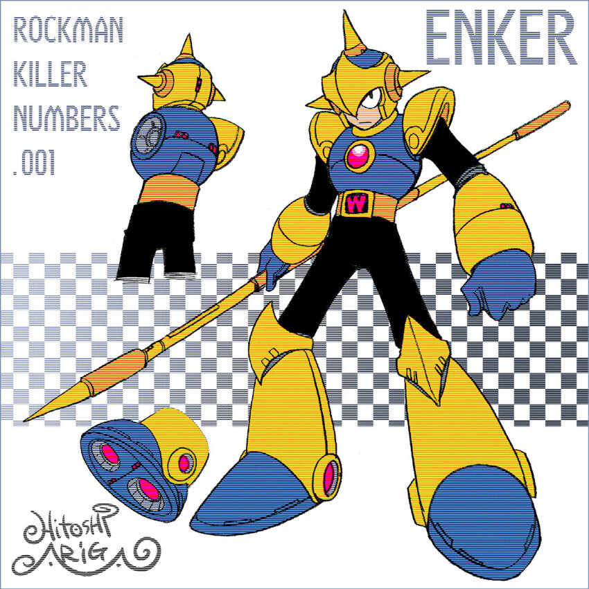 1boy android ariga_hitoshi armor artist_name belt black_background black_bodysuit blue_armor blue_gloves bodysuit boots breastplate character_name checkered_background chest_jewel commentary_request concept_art cowboy_shot enker_(mega_man) from_behind full_body gem gloves gradient_background green_eyes grey_background helmet highres holding holding_polearm holding_weapon joints knee_boots looking_ahead looking_at_viewer male_focus mega_man:_dr._wily&#039;s_revenge mega_man_(classic) mega_man_(series) mega_man_megamix mega_man_v multiple_views no_humans orange_belt polearm red_gemstone reference_sheet robot robot_joints scanlines shoe_soles shoulder_armor signature simple_background spear spiked_helmet standing turnaround weapon white_background yellow_armor yellow_boots yellow_helmet