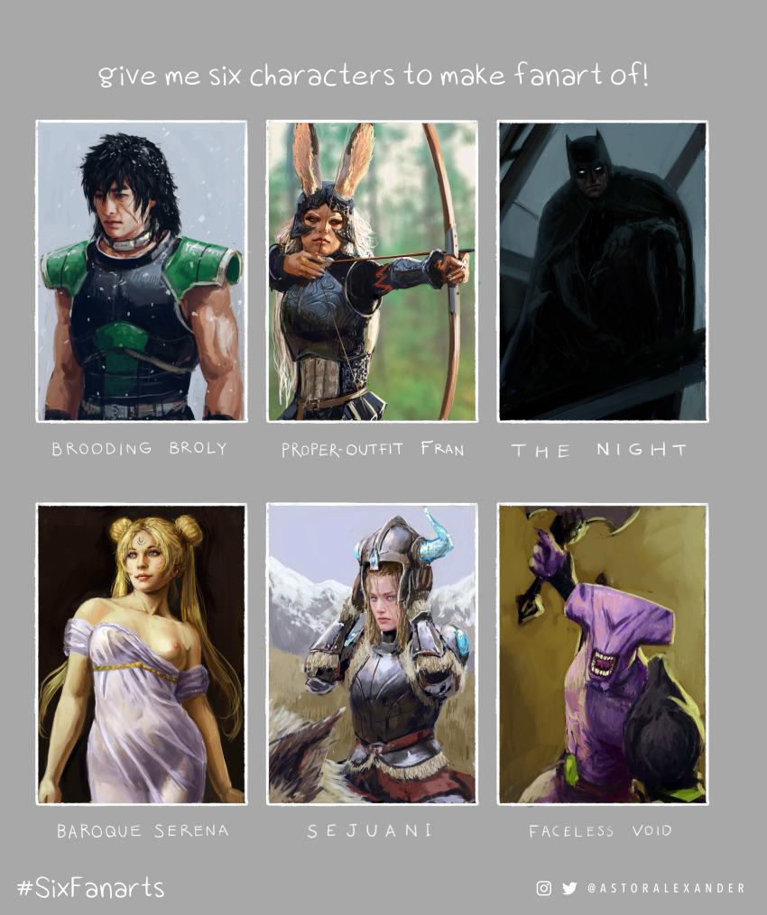3boys 3girls absurdres animal_ears armor arrow_(projectile) astor_alexander batman batman_(series) bishoujo_senshi_sailor_moon black_hair blonde_hair blue_eyes bow_(weapon) breasts broly_(dragon_ball_super) cape collar covered_navel crescent crescent_facial_mark dc_comics dota_(series) dota_2 dragon_ball dragon_ball_super dragon_ball_super_broly dress english_text faceless_void facial_mark facial_scar fake_horns final_fantasy final_fantasy_xii forehead_mark fran_(ff12) hashtag helmet highres horned_helmet horns league_of_legends medium_breasts mountain multiple_boys multiple_drawing_challenge multiple_girls nipples one_breast_out princess_serenity rabbit_ears scar scar_on_cheek scar_on_face see-through_clothes see-through_dress sejuani sharp_teeth shoulder_armor six_fanarts_challenge snow superhero_costume teeth tsukino_usagi twitter_username viera weapon white_dress