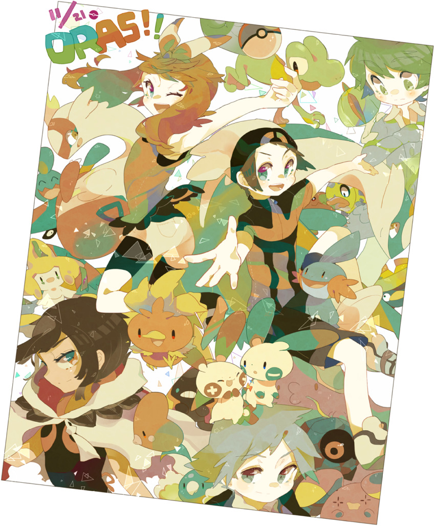 2girls 3boys auko beldum bike_shorts bike_shorts_under_shorts black_jacket black_pants black_shirt blue_eyes blue_hair bow_hairband brendan_(pokemon) brown_hair capri_pants cloak feebas gen_3_pokemon green_eyes green_footwear green_hair hairband highres jacket jirachi latias latios legendary_pokemon lotad luvdisc may_(pokemon) medium_hair minun mudkip multiple_boys multiple_girls mythical_pokemon nintendo outstretched_arms pants plusle poke_ball pokemon pokemon_(creature) pokemon_oras ralts shirt shoes short_hair short_sleeves shorts sleeveless sleeveless_shirt sneakers snorunt steven_stone swablu torchic trapinch treecko wally_(pokemon) whismur white_footwear white_headwear white_shirt white_shorts wynaut zinnia_(pokemon) zipper_pull_tab