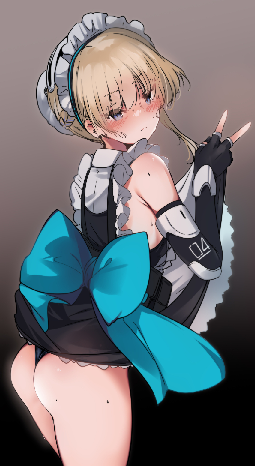 1girl absurdres ass back_bow black_panties blonde_hair blue_archive blue_bow blue_eyes blue_hair blush bow braid brown_background bun_cover closed_mouth clothes_lift collared_shirt commentary english_commentary frown gradient_background highres incredibly_absurdres kana616 looking_at_viewer looking_back maid_headdress multicolored_hair panties shirt solo streaked_hair sweat toki_(blue_archive) underwear v white_shirt