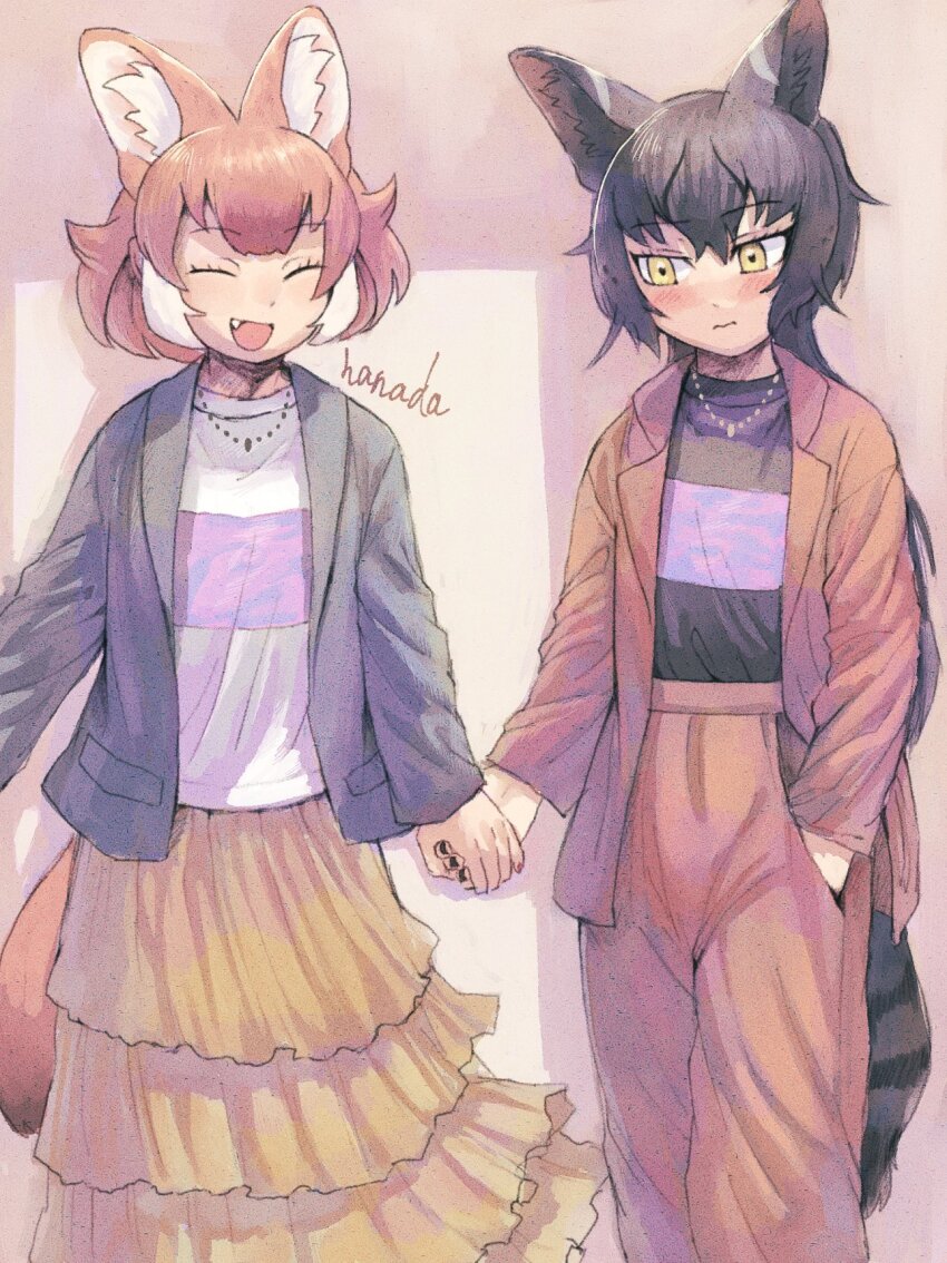 2girls alternate_costume animal_ears black_hair black_jacket black_nails black_serval_(kemono_friends) black_shirt blush brown_hair brown_jacket brown_pants casual cat_ears cat_girl cat_tail dhole_(kemono_friends) dog_ears dog_girl dog_tail extra_ears fang grey_shirt hair_between_eyes hanada_(cobalt003) highres holding_hands jacket jewelry kemono_friends light_brown_hair long_hair long_skirt long_sleeves multicolored_hair multiple_girls nail_polish necklace open_clothes open_jacket open_mouth pants purple_shirt shirt short_hair sidelocks skirt smile striped_clothes striped_shirt tail two-tone_shirt wavy_mouth white_hair yellow_eyes yellow_shirt