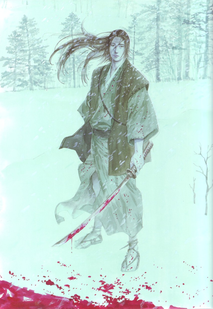 absurdres belt black_eyes black_hair blood blood_splatter blood_stain bloody_blade blood_on_clothes fir_tree highres holding inoue_takehiko japanese_clothes katana kimono long_hair looking_at_viewer male_focus rope sabre sandals sapling sasaki_kojirou snow snowing standing sword tree vagabond vest weapon