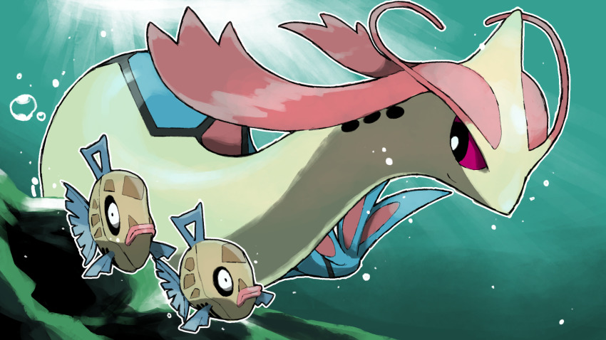 air_bubble animal_focus blacknirrow bubble closed_mouth colored_sclera evolutionary_line feebas fish gen_3_pokemon highres milotic nintendo no_humans outline pokemon pokemon_(creature) pokemon_focus red_sclera smile sunlight swimming underwater white_outline