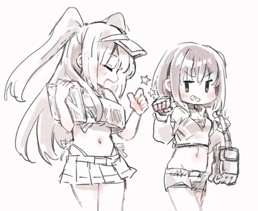2girls :d bandaged_hand blush boxing_gloves breasts cheerleader chibi clay_(nikke) crop_top cropped_jacket fingerless_gloves fist_bump gloves goddess_of_victory:_nikke grin kureudon large_breasts long_hair milk_(extreme_fighter)_(nikke) milk_(nikke) multiple_girls navel open_mouth shirt short_hair shorts skirt smile sports_bra twintails unworn_gloves visor_cap