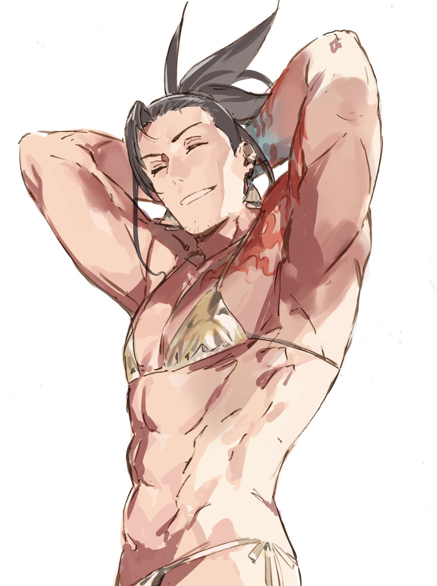 1boy abs arms_behind_head beard_stubble bikini black_hair blue_skin chest_tattoo closed_eyes colored_skin cowboy_shot crossdressing crossdressing_(mtf) earrings facial_hair gold_bikini highres holostars holostars_english jewelry josuiji_shinri male_focus multicolored_skin muscular muscular_male pako_(pakosun) ponytail side-tie_bikini_bottom smile stubble swimsuit tattoo virtual_youtuber