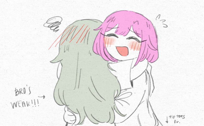 2girls commentary english_commentary english_text flying_sweatdrops green_hair highres hood hoodie hug kcmvnd kusanagi_nene laughing long_hair multiple_girls ootori_emu open_mouth pink_hair project_sekai short_hair smile squiggle white_background