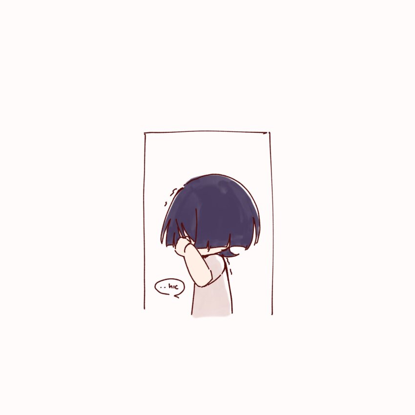 1boy alphastroo alternate_costume alternate_universe black_hair blunt_ends casual contemporary cropped_torso door facing_to_the_side genshin_impact grey_shirt hand_over_face hand_up highres male_focus profile scaramouche_(genshin_impact) shirt short_sleeves solo sound_effects speech_bubble tears trembling white_background wiping_tears