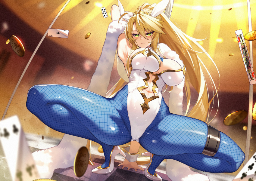 1girl ace_(playing_card) ace_of_clubs animal_ears arm_up armpits artoria_pendragon_(fate) artoria_pendragon_(swimsuit_ruler)_(fate) artoria_pendragon_(swimsuit_ruler)_(first_ascension)_(fate) blonde_hair blue_pantyhose blush breasts card closed_mouth club_(shape) cluseller coin eight_of_clubs fake_animal_ears fate/grand_order fate_(series) four_of_clubs full_body green_eyes hair_between_eyes high_heels highleg highleg_leotard highres large_breasts leotard long_hair looking_at_viewer pantyhose playboy_bunny playing_card ponytail queen_(playing_card) queen_of_hearts_(playing_card) rabbit_ears solo squatting thighs white_footwear white_leotard wrist_cuffs