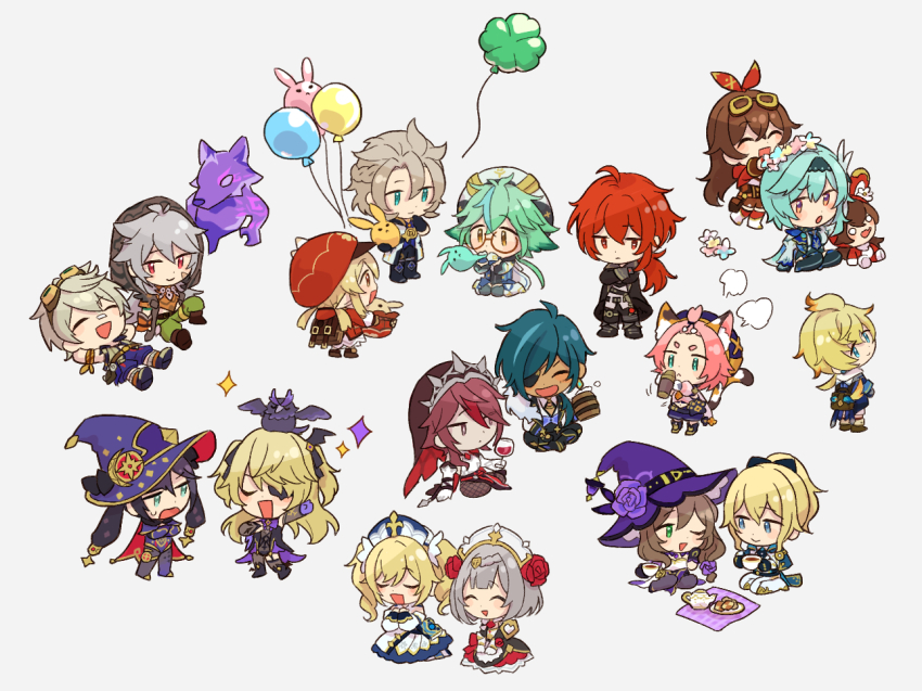 6+boys 6+girls albedo_(genshin_impact) alcohol amber_(genshin_impact) animal animal_ears animal_on_head backpack bag balloon barbara_(genshin_impact) baron_bunny_(genshin_impact) beer beer_mug bennett_(genshin_impact) bird bird_on_head blonde_hair blue_hair cat_ears cat_girl cat_tail chibi closed_eyes crossed_arms cup dark-skinned_male dark_skin diluc_(genshin_impact) diona_(genshin_impact) drinking_glass eula_(genshin_impact) fischl_(genshin_impact) flower genshin_impact gloves goggles goggles_on_head green_hair grey_hair hair_flower hair_ornament hairband hat jean_(genshin_impact) kaeya_(genshin_impact) klee_(genshin_impact) lisa_(genshin_impact) long_hair lying mapogeso mika_(genshin_impact) mona_(genshin_impact) mug multicolored_hair multiple_boys multiple_girls noelle_(genshin_impact) on_back on_head one_eye_closed open_mouth oz_(genshin_impact) ponytail purple_flower purple_hair purple_headwear razor_(genshin_impact) red_eyes red_hair rosaria_(genshin_impact) scar scar_on_face short_hair simple_background sitting standing streaked_hair sucrose_(genshin_impact) tail teapot twintails two_side_up wine_glass witch_hat