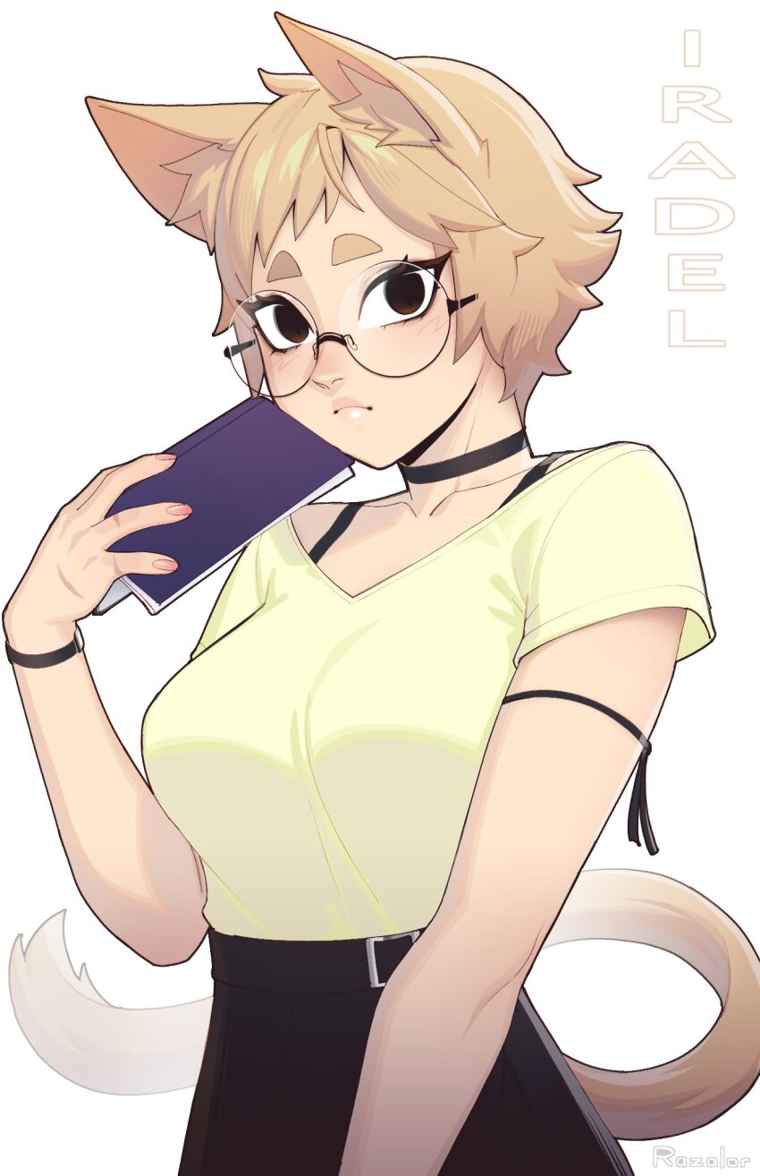 1girl animal_ear_fluff animal_ears arm_at_side belt belt_buckle black_belt black_choker black_eyes blonde_hair book bra_strap breasts buckle cat_ears cat_girl cat_tail character_name choker closed_mouth commentary cowboy_shot fingernails frown glasses hand_up highres holding holding_book iradel_gensei looking_at_viewer looking_to_the_side open_book original pink_nails razalor round_eyewear shirt shirt_tucked_in short_eyebrows short_hair solo standing symbol-only_commentary tail thick_eyebrows very_short_hair white_background yellow_shirt