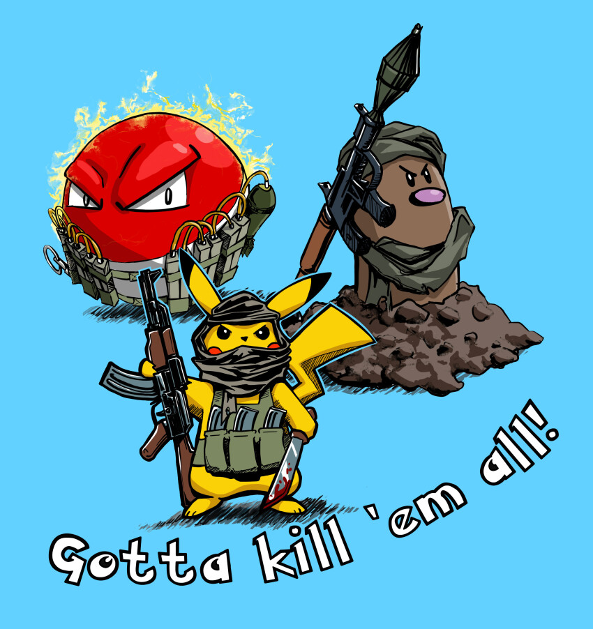 3boys absurdres aiming_up ak-47 ammunition_pouch assault_rifle bare_legs bare_shoulders bayonet blue_background c4 catchphrase commentary covered_mouth dagger diglett dirt electricity english_commentary english_text explosive full_body furrowed_brow gen_1_pokemon green_scarf green_vest grenade_pin gun headscarf highres holding holding_dagger holding_gun holding_knife holding_weapon kalashnikov_rifle knife looking_ahead looking_at_viewer male_focus multiple_boys nintendo official_style pikachu pokemon pokemon_(creature) pouch rifle rocket_launcher ross_edgerley rpg rpg-7 rpg_(weapon) sanpaku scarf shadow simple_background suicide_bomb terrorism turban vest voltorb weapon
