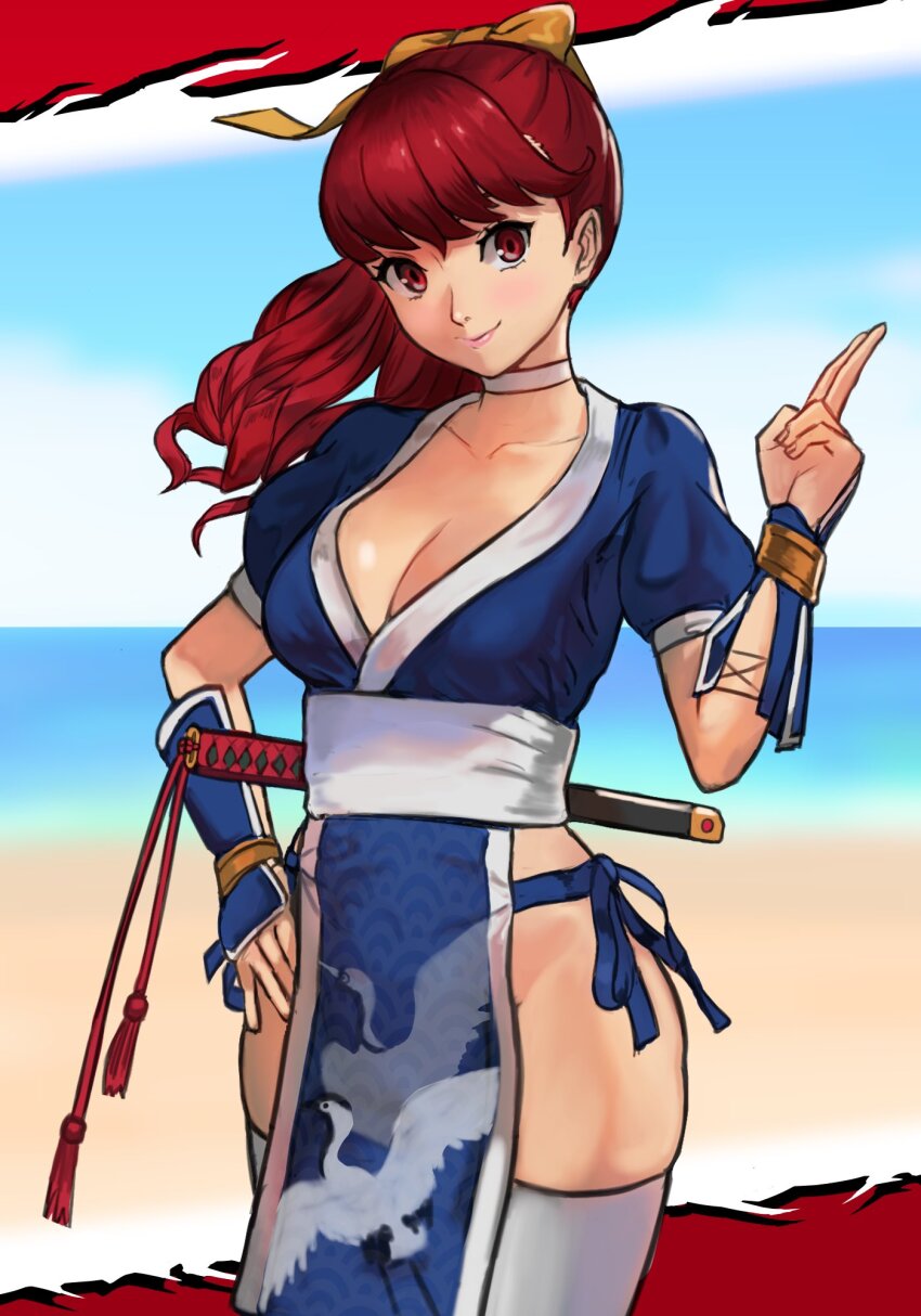 1girl beach blue_sky breasts choker cleavage cosplay crossover dead_or_alive female_focus hair_ribbon hand_on_own_hip highres kasumi_(doa) kasumi_(doa)_(cosplay) long_hair matching_hair/eyes medium_breasts name_connection ocean pelvic_curtain persona persona_5 persona_5_the_royal r51633060 red_eyes red_hair ribbon sand sheath sheathed short_sleeves sky solo standing sword thighhighs water weapon white_choker white_thighhighs yoshizawa_kasumi