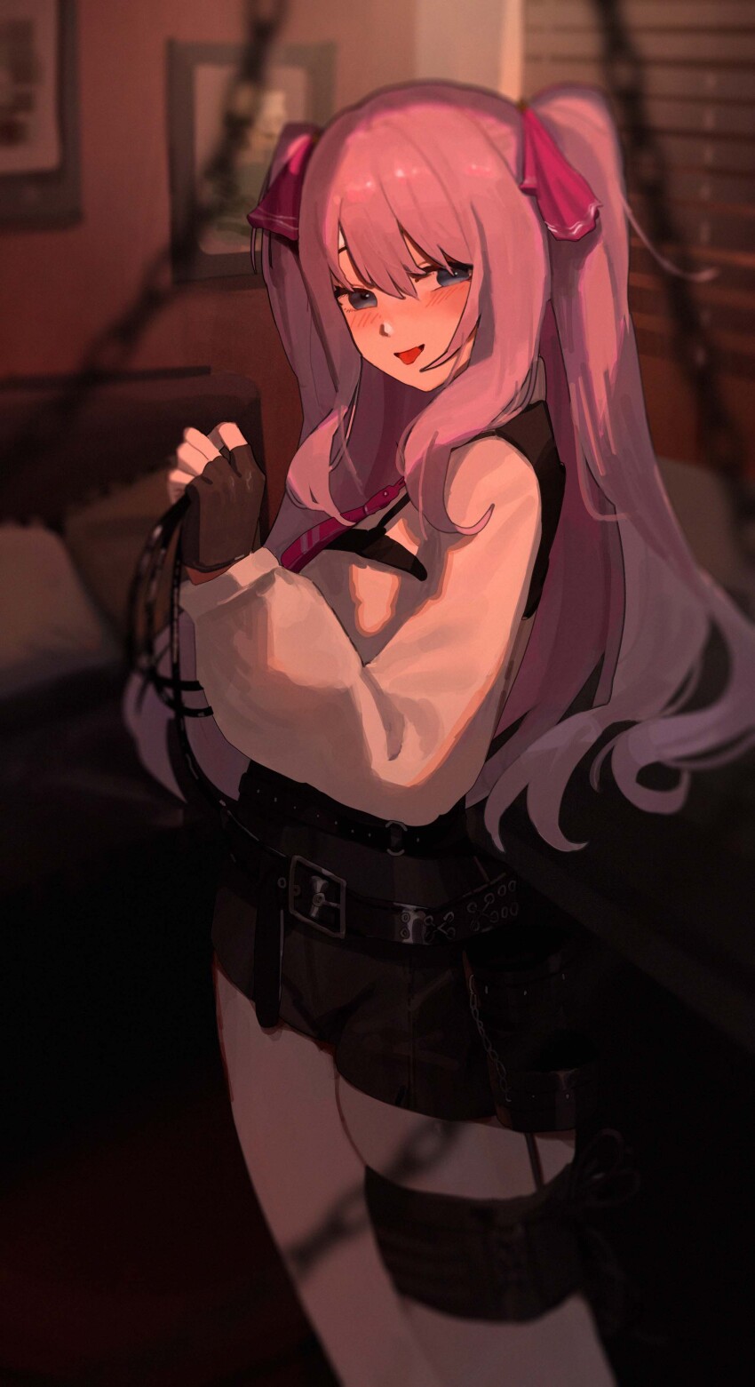 1girl absurdres belt black_belt black_gloves black_shorts blue_eyes blurry blush chain chain_leash chest_harness collared_shirt couch cowboy_shot depth_of_field fingerless_gloves gloves goddess_of_victory:_nikke hair_between_eyes hair_ribbon harness high-waist_shorts highres holding holding_leash iinagi_(kashiwa_keira) indoors leash long_hair long_sidelocks long_sleeves looking_at_viewer necktie open_mouth picture_frame pillow pink_hair pink_necktie pink_ribbon ribbon shirt shirt_tucked_in shorts sidelocks smile solo standing thigh_strap tongue tongue_out two_side_up white_shirt yuni_(nikke)
