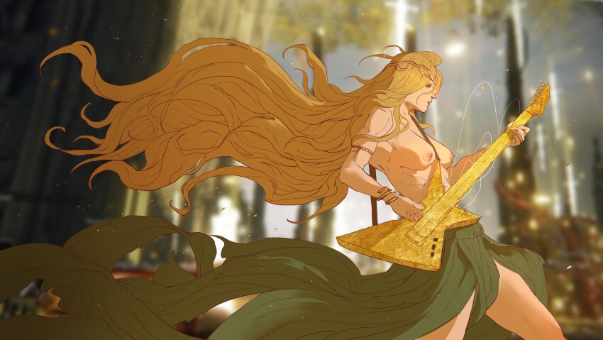 1girl absurdres armlet blonde_hair blurry blurry_background bracelet breasts caio_santos circlet commentary elden_ring english_commentary gold green_skirt guitar highres holding holding_guitar holding_instrument instrument jewelry long_hair long_skirt medium_breasts nipples playing_guitar playing_instrument queen_marika_the_eternal skirt solo topless_female wavy_hair
