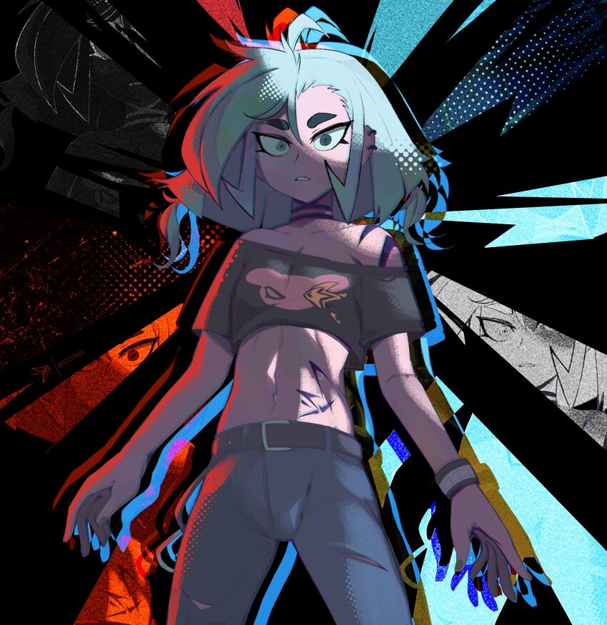 1girl @_@ ahoge bare_shoulders belt black_background breasts cameltoe chromatic_aberration denim ear_piercing geistbox green_eyes green_hair jeans nails navel navel_piercing original pants piercing serious shoulder_tattoo small_breasts tattoo two-tone_background vio_(geistbox)
