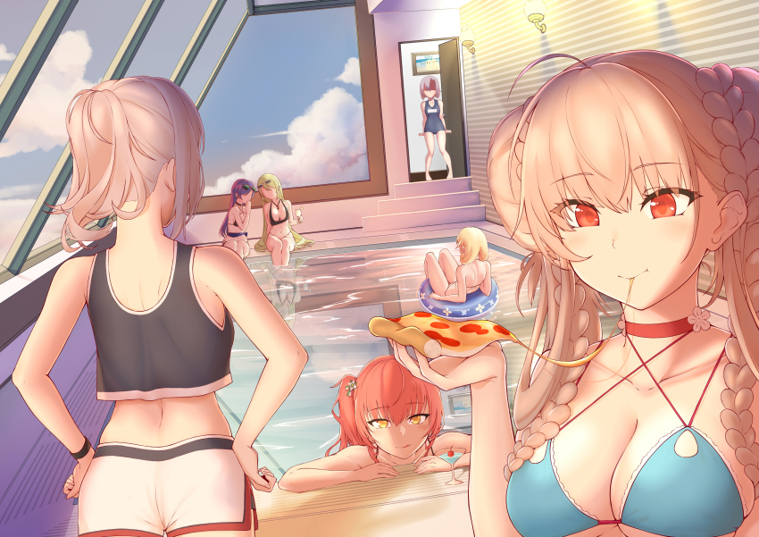 6+girls absurdres afloat ahoge alternate_costume anchor arm_rest arms_at_sides azur_lane bare_shoulders bikini bird black_bikini black_choker black_tank_top blonde_hair blue_bikini blue_innertube blue_one-piece_swimsuit blue_sky braid braided_bun breasts carabiniere_(azur_lane) carolrin cheese cheese_trail cherry chick choker cleavage closed_mouth cloud cocktail_glass collarbone conte_di_cavour_(azur_lane) cup day double_bun drawing_(object) drinking_glass eating eyewear_on_head faceless faceless_female facing_away food foreshortening formidable_(azur_lane) formidable_(the_lady_of_the_beach)_(azur_lane) fruit giulio_cesare_(azur_lane) giulio_cesare_(fitness_master)_(azur_lane) green_hair hair_between_eyes hair_bun hand_to_own_mouth highres holding holding_cup holding_food holding_pizza indoors innertube knees_up large_breasts legs_together licking_lips light littorio_(azur_lane) littorio_(the_glory_of_naples)_(azur_lane) long_hair looking_at_another looking_at_viewer manjuu_(azur_lane) multiple_girls nape navel new_school_swimsuit one-piece_swimsuit parted_bangs pepperoni pepperoni_pizza pizza ponytail pool poolside purple_hair red_choker red_eyes reflection reflective_water rei_no_pool school_swimsuit shaded_face short_shorts shorts shoulder_blades side_ponytail sidelocks silver_hair sitting skindentation sky soaking_feet standing striped_wall sunglasses swept_bangs swim_ring swimsuit tank_top thighs tongue tongue_out trento_(azur_lane) trento_(summer&#039;s_hotness?)_(azur_lane) twin_braids twintails underboob upper_body very_long_hair watch white_shorts window wristwatch zara_(azur_lane) zara_(poolside_coincidence)_(azur_lane)