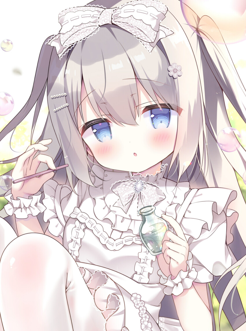 1girl :o azumi_kazuki blue_eyes blush bottle bow bubble bubble_pipe commentary_request dress feet_out_of_frame frilled_dress frills grey_bow grey_hair hair_between_eyes hair_bow hair_ornament hairclip hands_up highres holding holding_bottle knees_up long_hair looking_at_viewer original pantyhose parted_lips puffy_short_sleeves puffy_sleeves short_sleeves sitting solo two_side_up very_long_hair white_dress white_pantyhose wrist_cuffs