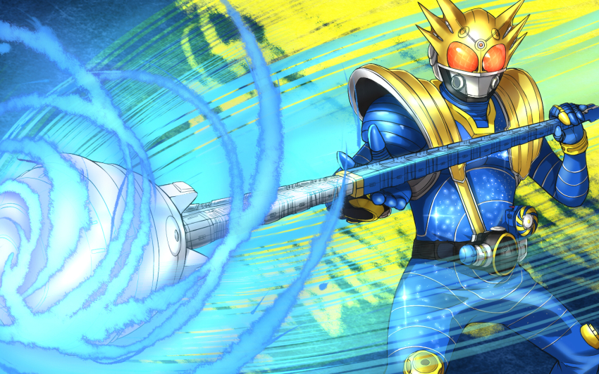 1boy armor belt compound_eyes kamen_rider kamen_rider_fourze_(series) kamen_rider_meteor male_focus purinnssu solo staff weapon