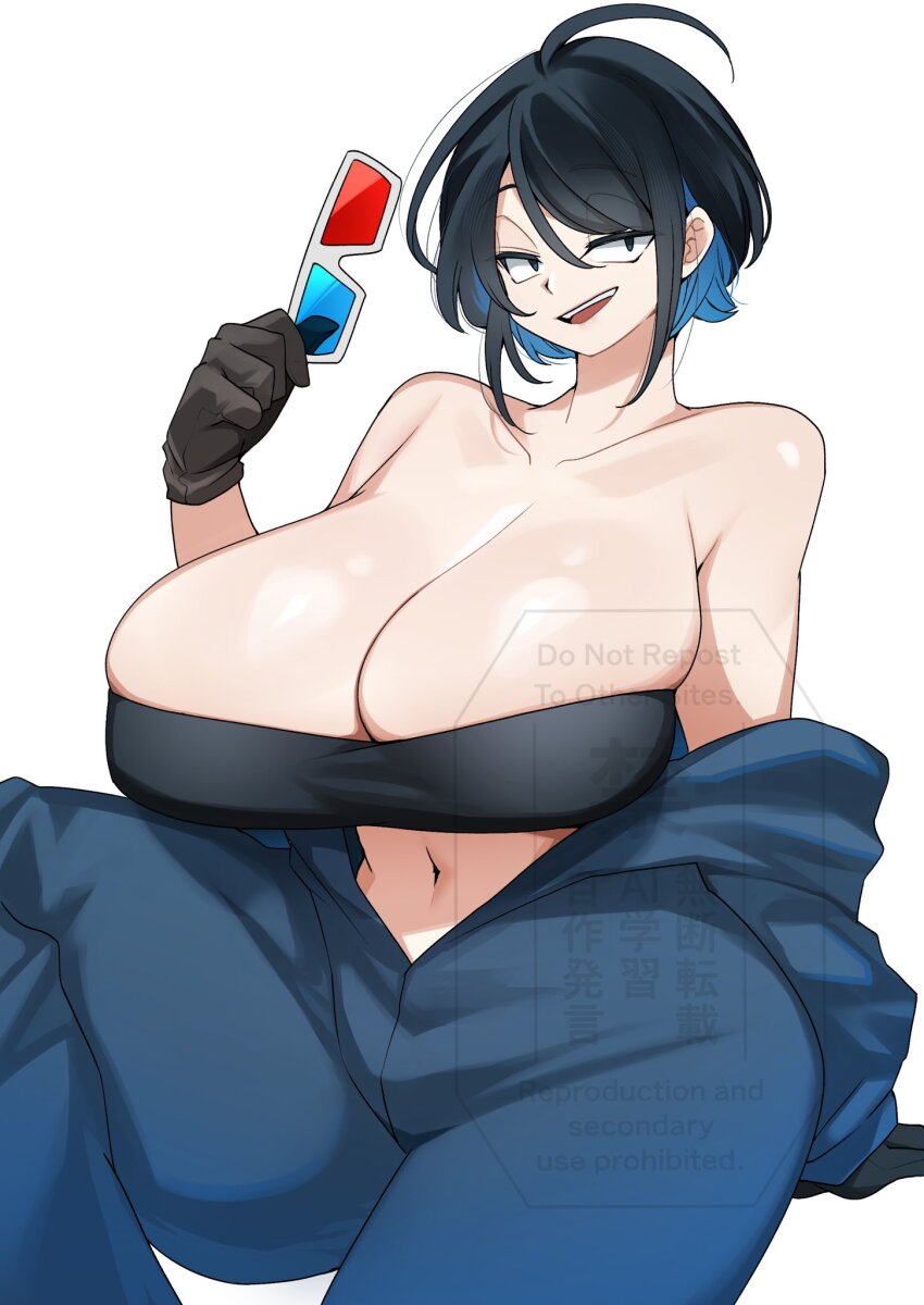 1girl 3d_glasses ahoge alternate_breast_size bare_shoulders black_hair breasts cleavage gloves highres holding holding_removed_eyewear indie_virtual_youtuber jumpsuit kataochi_chuuko large_breasts lemochan_man navel smile undressing unworn_eyewear virtual_youtuber