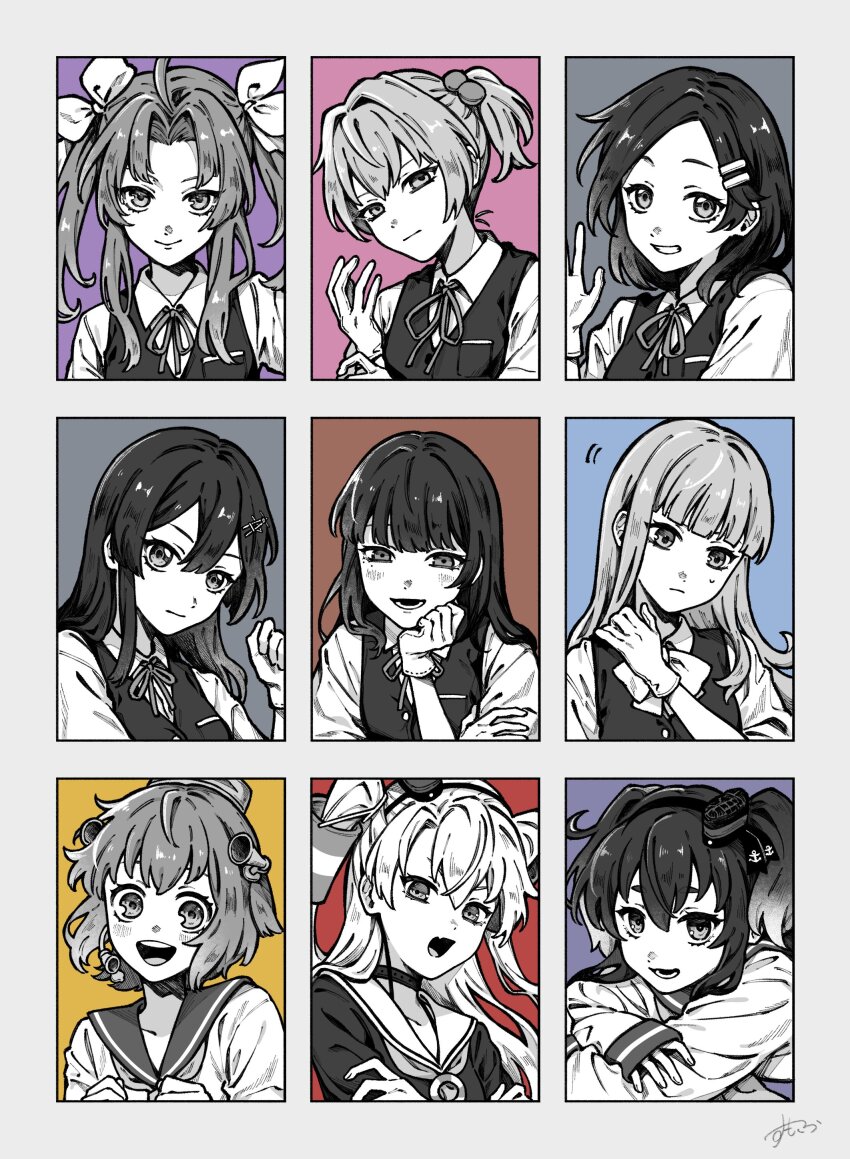 6+girls absurdres amatsukaze_(kancolle) anchor_symbol blunt_bangs blush choker closed_mouth dress gloves greyscale_with_colored_background hair_ornament hair_ribbon hair_tubes hairclip hatsukaze_(kancolle) hayashimo_(kancolle) headgear highres kagerou_(kancolle) kantai_collection kuroshio_(kancolle) long_hair long_sleeves monochrome multiple_girls neck_ribbon neckerchief open_mouth oyashio_(kancolle) ponytail ribbon sailor_collar sailor_dress school_uniform shiranui_(kancolle) shirt short_hair short_sleeves signature sleeves_past_wrists sumoffu tokitsukaze_(kancolle) upper_body vest yukikaze_(kancolle)