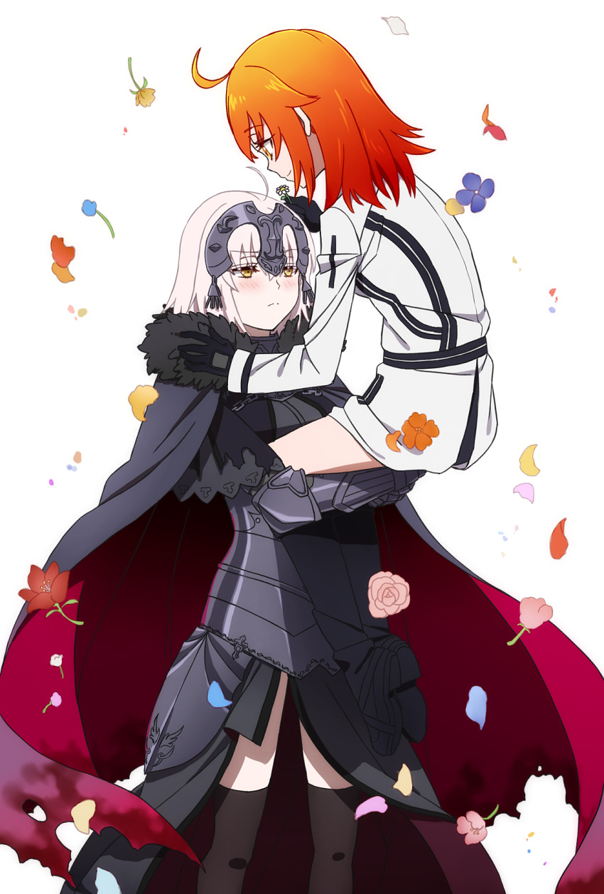 2girls ahoge armor black_gloves black_thighhighs blush carrying carrying_person closed_mouth fate/grand_order fate_(series) flower fujimaru_ritsuka_(female) fur_trim gloves headpiece highres holding holding_flower jeanne_d&#039;arc_alter_(avenger)_(fate) jeanne_d&#039;arc_alter_(fate) long_sleeves looking_at_another medium_hair multiple_girls oiun orange_hair simple_background smile standing thighhighs white_background white_hair yellow_eyes yuri