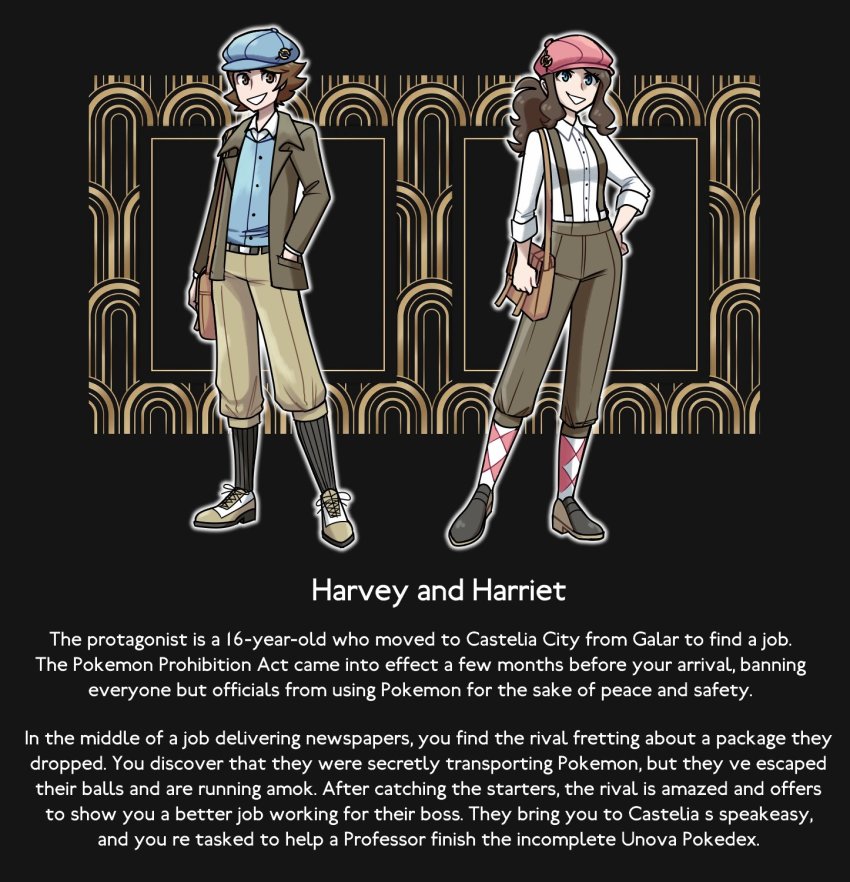 1920s_(style) 1boy 1girl bag blue_headwear brown_hair brown_pants diamond_(shape) english_text flat_cap fluorart hand_on_own_hip hat highres loafers nintendo original pants pink_headwear pokemon pokemon_legends:_arceus shoes shoulder_bag smile socks striped_clothes striped_legwear striped_socks suspenders two-tone_legwear vertical-striped_clothes vertical-striped_socks