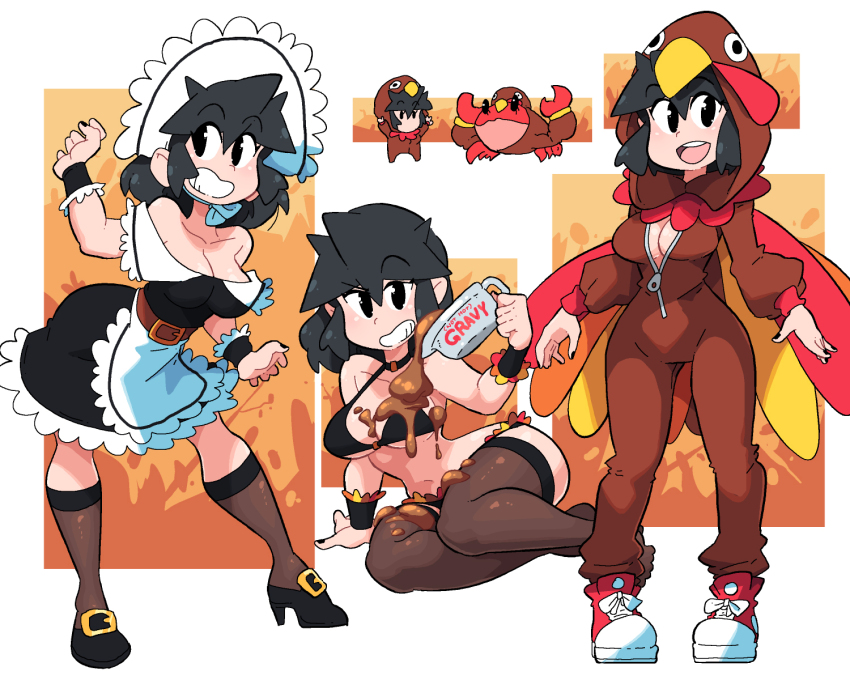 1girl apron bare_shoulders belt bird_costume black_bra black_dress black_footwear black_hair black_nails bodysuit bra breasts brown_belt brown_thighhighs chibi chibi_inset cleavage curvy dress gravy hand_up high_heels highres hood hood_up lucia_(scott_malin) medium_breasts multiple_views original red_footwear scott_malin shoes sneakers thanksgiving thighhighs turkey_(bird) underwear white_apron white_headwear wide_hips zipper zipper_pull_tab