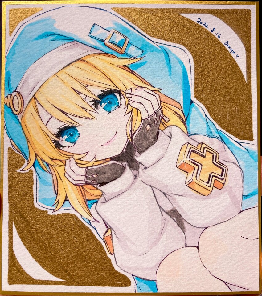 1boy androgyne_symbol black_gloves blonde_hair blue_eyes bridget_(guilty_gear) fingerless_gloves gloves guilty_gear guilty_gear_strive habit highres hood hood_up hooded_jacket hoodie jacket long_sleeves looking_at_viewer male_focus medium_hair puffy_long_sleeves puffy_sleeves shirahane_nao smile traditional_media trap