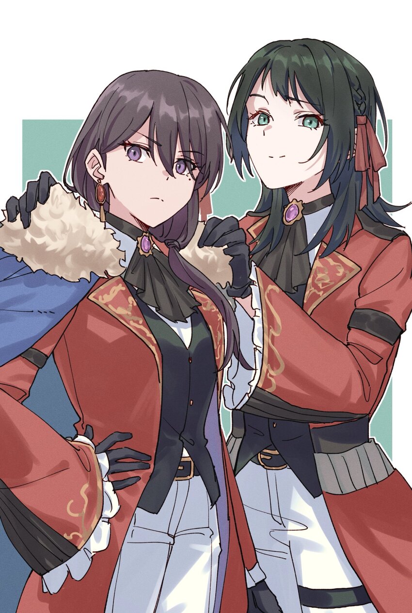 2girls arm_strap ascot bang_dream! bang_dream!_it&#039;s_mygo!!!!! belt black_gloves black_hair black_vest blue_cape braid brown_hair cape coat cowboy_shot dressing_another earrings frown fur-trimmed_cape fur_trim gloves green_eyes hair_over_shoulder hair_ribbon hand_on_own_hip highres jewelry joker_(jjjokerrr233) long_hair long_sleeves looking_at_viewer low_ponytail medium_hair mole mole_under_eye multiple_girls official_alternate_costume pants ponytail purple_brooch red_coat red_ribbon ribbon shiina_taki smile thigh_strap vest white_pants yahata_umiri