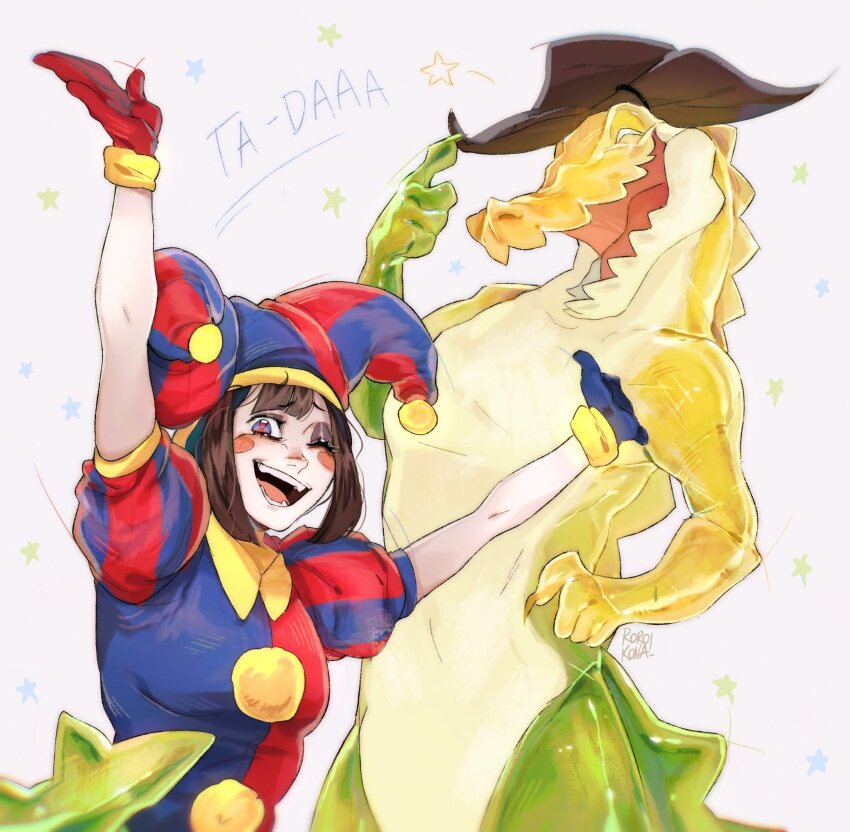 1boy 1girl arms_up asymmetrical_gloves blue_eyes blue_gloves crocodile_boy dentures gloves gummigoo hat highres jester jester_cap jester_costume looking_at_viewer mismatched_gloves multicolored_hat one_eye_closed pomni_(the_amazing_digital_circus) red_eyes red_gloves rorokonaa short_hair smile the_amazing_digital_circus