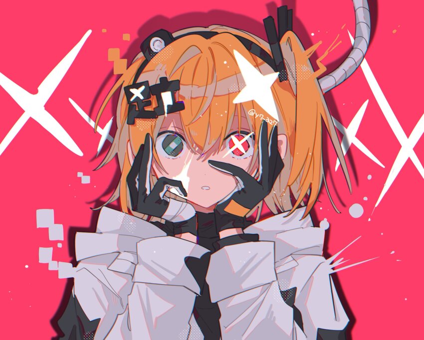 1girl a.i._voice adachi_rei alternate_eye_color bandaged_hand bandages bandaid_on_eye black_gloves black_hairband black_shirt character_name commentary diffraction_spikes drop_shadow expressionless gloves grey_eyes grey_gloves grey_jacket hairband hands_on_own_cheeks hands_on_own_face hands_up headlamp heterochromia highres hood hood_down hooded_jacket jacket kanji_hair_ornament long_sleeves looking_at_viewer medium_hair multicolored_gloves one_side_up open_clothes open_jacket orange_hair parted_lips pink_background pink_eyes pixels shirt solo sparkle_hair_ornament translated turtleneck twitter_username upper_body utau wide-eyed yayoripain