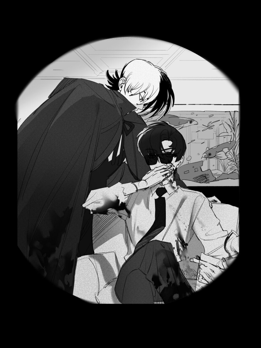 2boys artist_request black_jack_(character) black_jack_(series) blood blood_on_clothes blood_on_face chair cigarette coat coat_on_shoulders collared_shirt commentary_request commission crossed_legs fish_tank greyscale hair_over_one_eye highres indoors korean_commentary long_sleeves male_focus monochrome multicolored_hair multiple_boys neck_ribbon necktie pants ribbon rock_(tezuka_osamu) second-party_source shirt short_hair split-color_hair sunglasses vest wing_collar