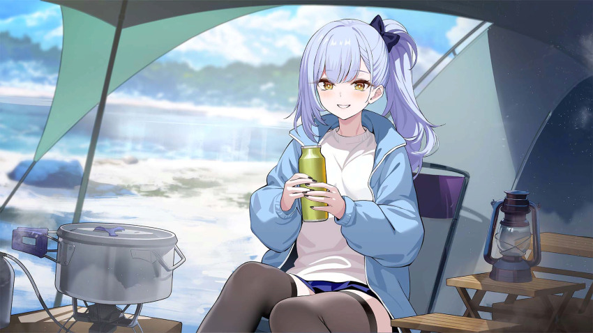 1girl aged_up artist_request asymmetrical_sidelocks azur_lane black_bow black_thighhighs blue_jacket blue_skirt blue_sky blush boat bottle bow chair cloud cooking_pot day folding_chair grey_hair hair_bow highres holding holding_bottle jacket lantern long_hair long_sleeves looking_at_viewer miniskirt nail_polish non-web_source oceana_(azur_lane) official_art on_chair open_clothes open_jacket outdoors parted_lips pleated_skirt ponytail puffy_long_sleeves puffy_sleeves shirt side_ponytail siren_(azur_lane) sitting skirt sky smile solo sweater tent thighhighs water watercraft white_sweater yellow_eyes