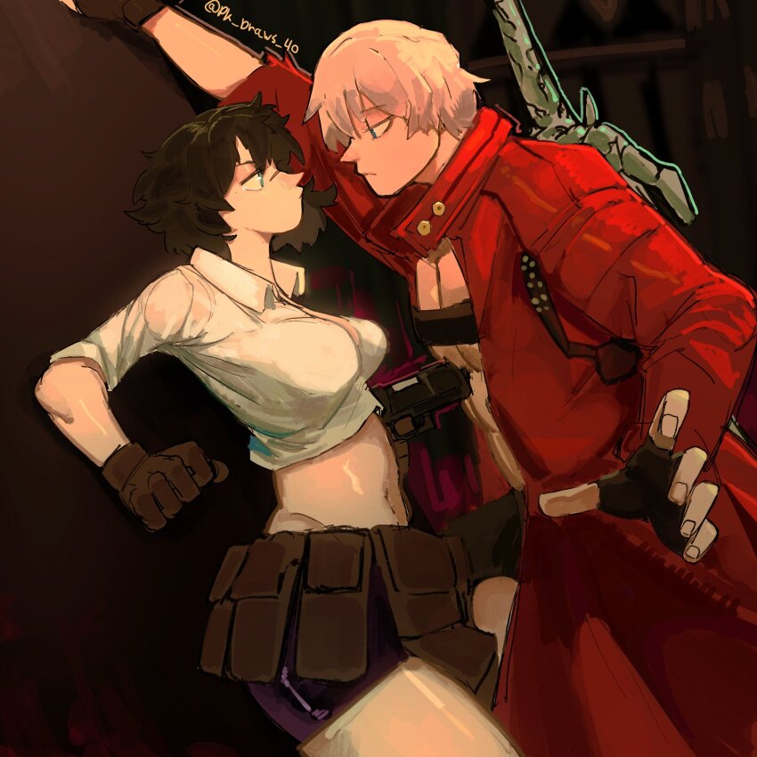 1boy 1girl artist_name bike_shorts black_hair coat dante_(devil_may_cry) devil_may_cry devil_may_cry_(series) devil_may_cry_3 fingerless_gloves gloves gun handgun highres holding holding_gun holding_weapon kabedon lady_(devil_may_cry) midriff navel no_shirt pk_draws_40 rebellion_(sword) red_coat shirt short_hair sword sword_on_back weapon weapon_on_back white_hair white_shirt