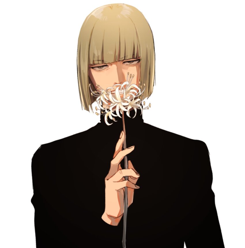 1boy ai_(ai1470) black_shirt bleach blonde_hair blunt_bangs blunt_ends bob_cut brown_eyes commentary_request flower grin hand_up highres hirako_shinji holding holding_flower long_sleeves looking_at_viewer male_focus nose sanpaku shirt short_hair simple_background smile solo spider_lily straight-on tsurime upper_body white_background white_flower white_spider_lily