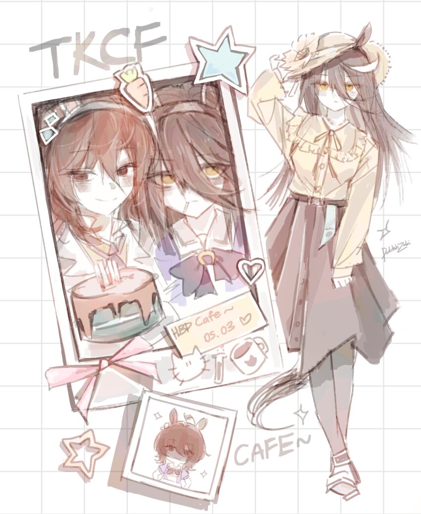 2girls agnes_tachyon_(umamusume) animal_ears arm_up belt birthday_cake black_belt black_hair black_pantyhose blush brown_hair cake casual chemical_structure closed_mouth doktahzaki ear_ornament earrings ears_through_headwear english_text expressionless flower food grabbing_another&#039;s_ear grey_skirt grid_background hair_between_eyes hairband hand_on_another&#039;s_ear hat hat_flower highres horse_tail jewelry long_hair long_sleeves manhattan_cafe_(umamusume) multicolored_hair multiple_girls neck_ribbon pantyhose pink_hairband polaroid_photo rabbit_ears red_eyes ribbon shirt shirt_tucked_in shoes single_earring skirt smile straw_hat sun_hat tail umamusume very_long_hair white_background white_hair white_shoes yellow_eyes yellow_flower yellow_ribbon yellow_shirt