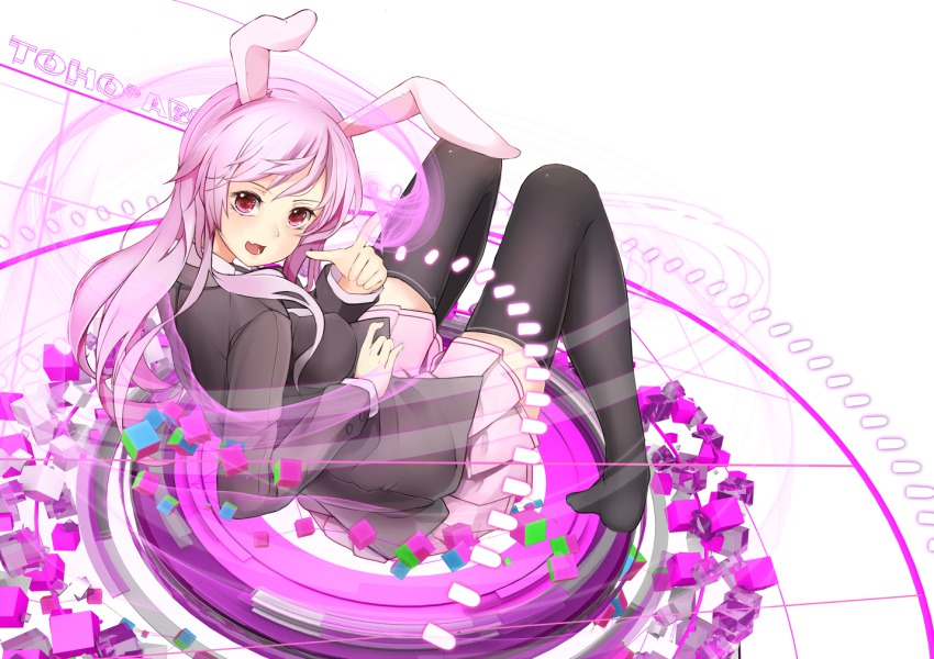 1girl animal_ears bad_id bad_pixiv_id black_thighhighs blazer breasts collared_shirt commentary_request cube danmaku female_focus finger_gun jacket light_trail long_hair long_sleeves looking_at_viewer no_shoes open_mouth pink_skirt pleated_skirt purple_hair rabbit_ears radiosity_(yousei) red_eyes reisen_udongein_inaba shirt simple_background skirt solo thighhighs thighs touhou white_background white_shirt