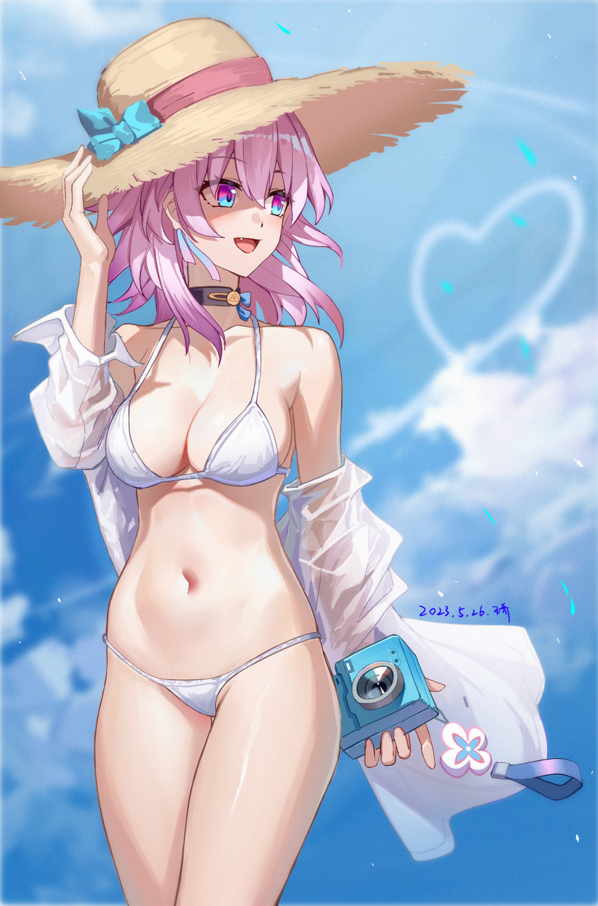 1girl absurdres alternate_costume bikini black_choker blue_sky blush breasts camera choker cloud earrings fang flower_ornament gradient_eyes hat heart-shaped_cloud highres holding holding_camera honkai:_star_rail honkai_(series) jewelry looking_to_the_side march_7th_(honkai:_star_rail) medium_breasts medium_hair midriff multicolored_eyes navel pink_hair see-through_clothes see-through_shirt shirt single_earring sky solo stomach straw_hat swimsuit two-tone_eyes wangqi wet wet_clothes wet_shirt white_bikini white_shirt wind