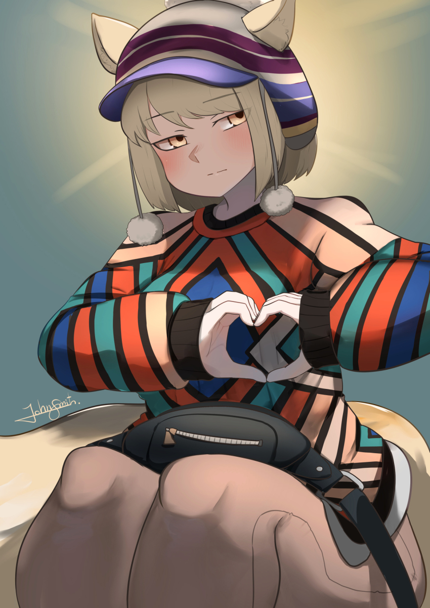1girl animal_ears blonde_hair blush closed_mouth fanny_pack fox_ears fox_girl fox_tail hat heart heart_hands highres john_(a2556349) kemono_friends kemono_friends_3 looking_at_viewer multicolored_hair shirt short_hair sitting striped_clothes striped_shirt tail tibetan_fox_(kemono_friends) white_hair yellow_eyes