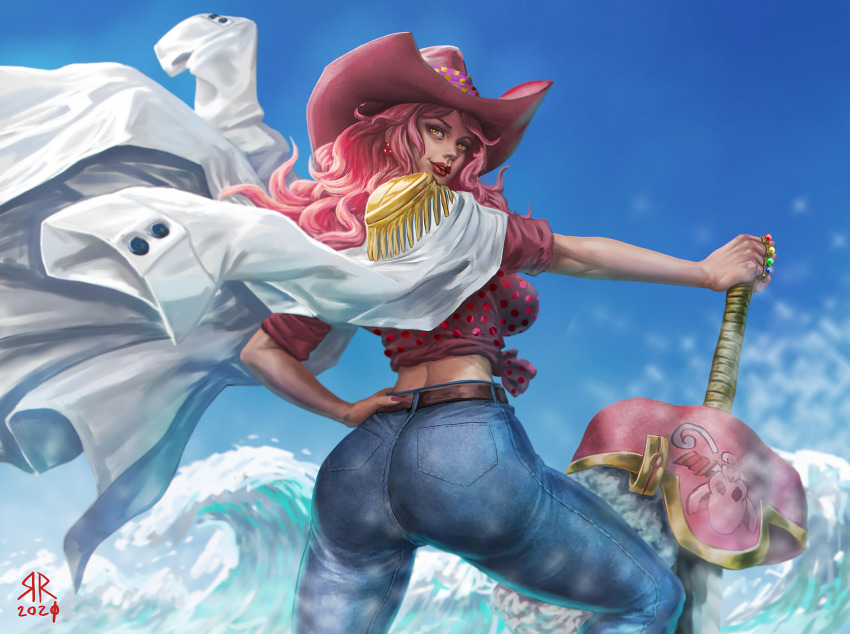 1girl ass breasts charlotte_linlin coat coat_on_shoulders cowboy_clothes cowboy_hat female_focus hat highres huge_ass large_breasts lipstick looking_at_viewer makeup napoleon_(one_piece) ocean one_piece pink_hair solo waves yellow_eyes aged_down