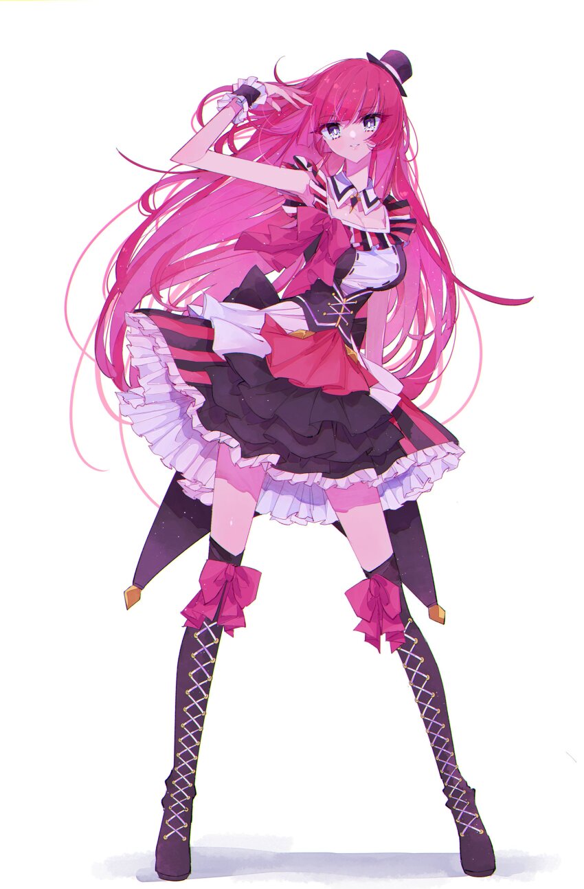 1girl absurdres black_boots black_corset blunt_bangs boots commentary_request corset detached_collar dress frilled_dress frilled_wristband frills full_body hat highres hojo_sophy lace-up_boots long_hair looking_at_viewer mini_hat pink_hair pochi_(askas_is_god) pretty_series pripara simple_background solo thigh_boots white_background