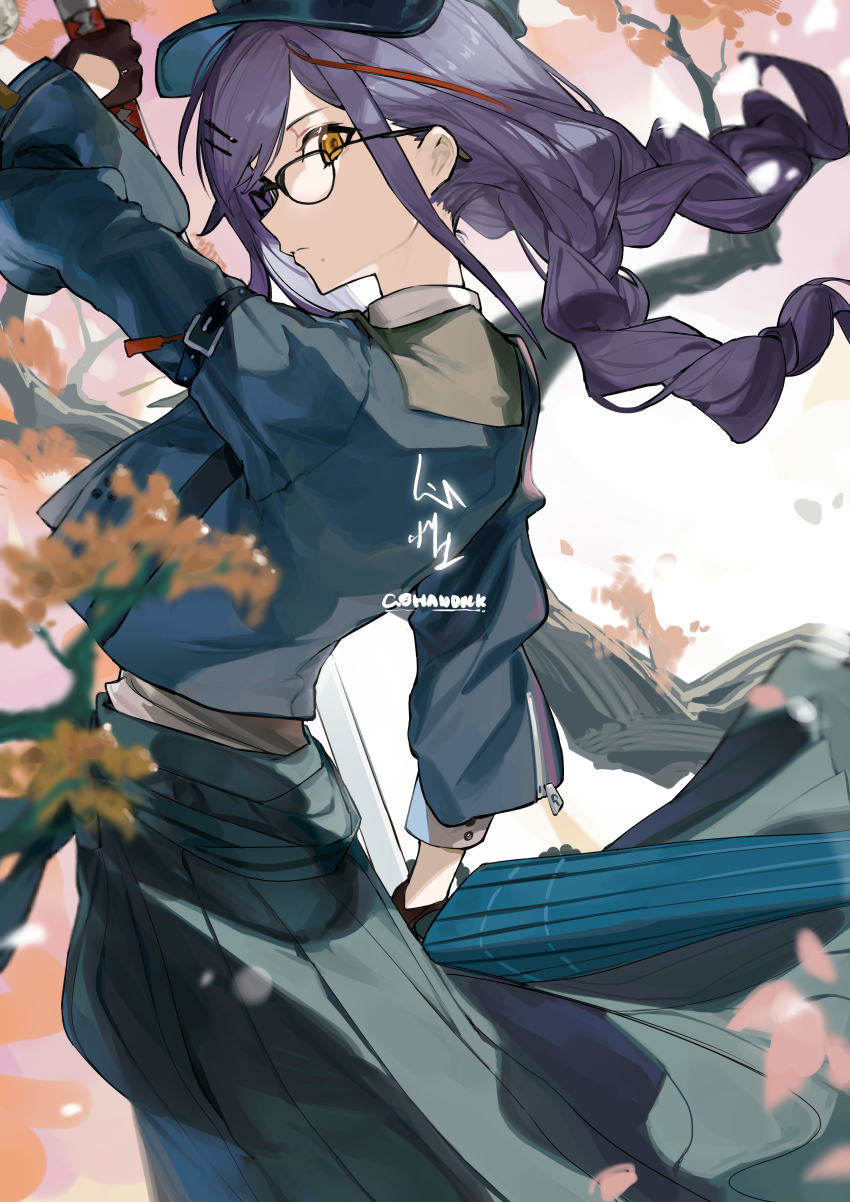 1girl absurdres akafuyu_(arknights) akafuyu_(temperament)_(arknights) arknights arm_up black-framed_eyewear black_hat black_jacket black_skirt blue_umbrella blurry blurry_foreground braid brown_eyes commentary_request depth_of_field floating_hair glasses gohanduck hair_ornament hairclip hat highres holding holding_sword holding_umbrella holding_weapon jacket katana long_hair pleated_skirt purple_hair shirt signature skirt solo swept_bangs sword twin_braids twintails umbrella weapon white_shirt
