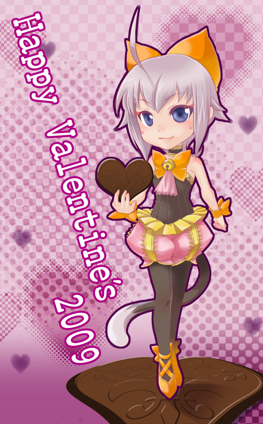 00s 1girl 2009 absurdres akainu_xo bell blue_eyes candy cat_tail chocolate chocolate_heart choker dated female_focus final_fantasy final_fantasy_crystal_chronicles final_fantasy_crystal_chronicles:_echoes_of_time fleur-de-lis food halftone happy_valentine heart highres pantyhose sherlotta silver_hair solo tail valentine
