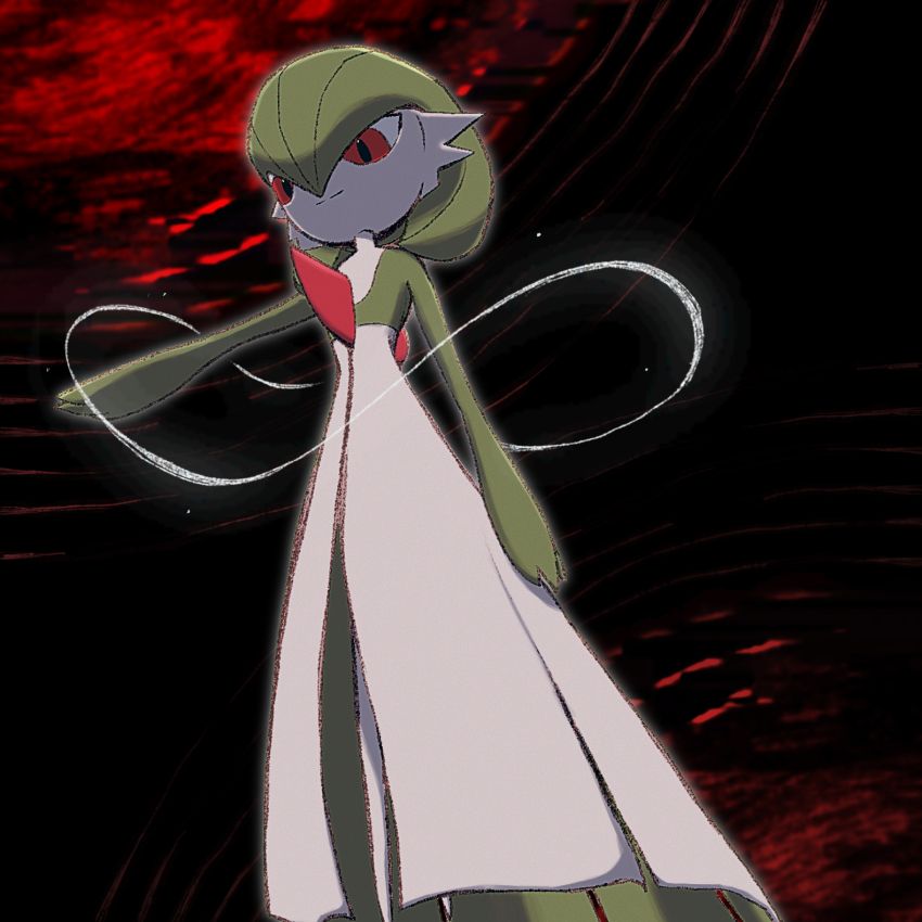 1girl arm_at_side arm_up black_background blurry blurry_background bob_cut candle_(allotas) closed_mouth colored_skin female_focus flat_chest from_below gardevoir gen_3_pokemon green_hair green_skin hair_between_eyes happy highres looking_afar looking_down multicolored_skin nintendo outstretched_arm pokemon pokemon_(creature) red_eyes short_hair smile solo split_mouth standing two-tone_skin white_skin
