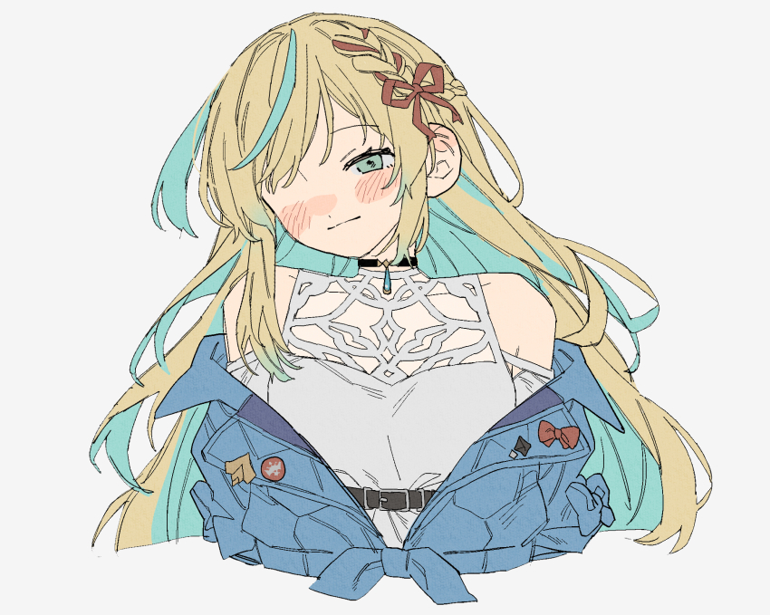 1girl black_choker blonde_hair blue_hair blue_jacket blush braid breasts choker colored_inner_hair dayama green_eyes highres jacket long_hair multicolored_hair nijisanji off_shoulder open_clothes open_jacket ribbon_braid shirt simple_background solo tachitsute_toto tachitsute_toto_(2nd_costume) two-tone_hair upper_body virtual_youtuber white_background white_shirt