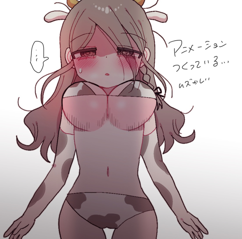 1girl animal_ears animal_print aozora_kyoka bikini blush breasts cow_ears cow_horns cow_print cow_print_bikini cow_print_thighhighs elbow_gloves full-face_blush gloves grey_hair horns long_hair medium_breasts navel original print_bikini print_gloves print_thighhighs simple_background sketch swimsuit thighhighs white_background yasashii_naizou